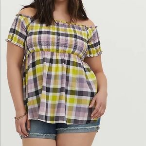 MULTI PLAID SMOCKED OFF SHOULDER PEPLUM TOP